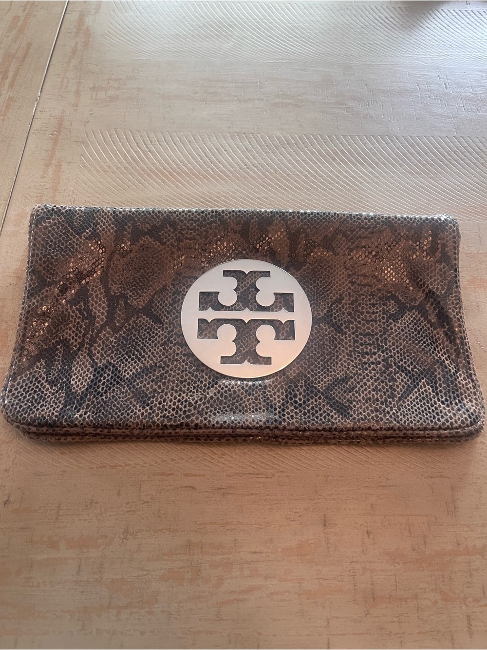Tory Burch Audra Reva Clutch Brown Snake with Silver Logo